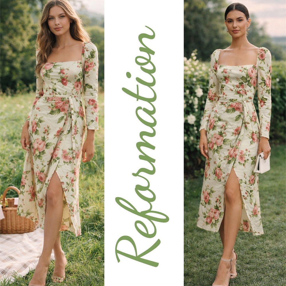 REFORMATION Hilda Floral Midi Square Neck Bodycon Dress Jardin NWT Size 4 - Picture 6 of 14